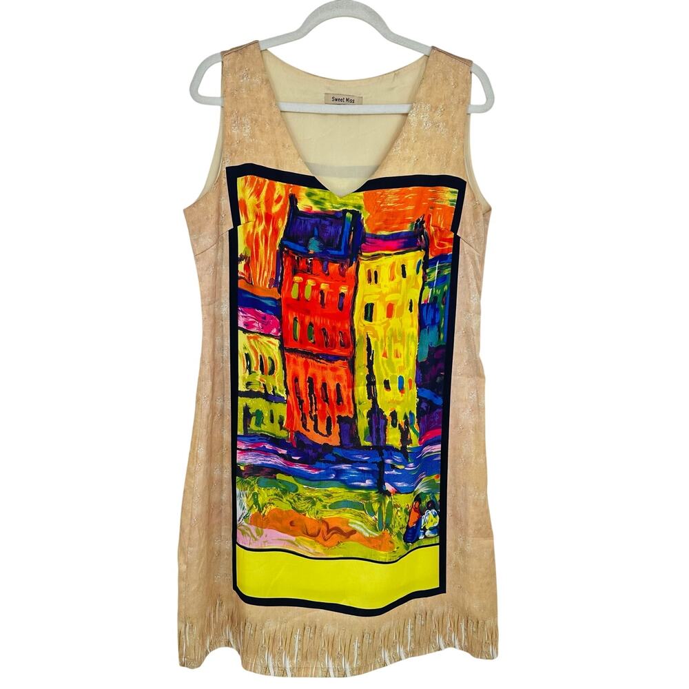 Sweet Miss Womens Shift Mini Dress Size L Satin Abstract Art to Wear Colorful